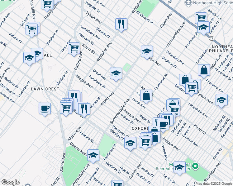map of restaurants, bars, coffee shops, grocery stores, and more near 1105 Fanshawe Street in Philadelphia