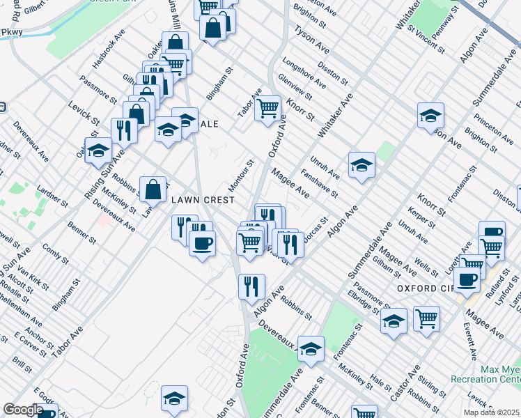 map of restaurants, bars, coffee shops, grocery stores, and more near 6435 Oxford Avenue in Philadelphia