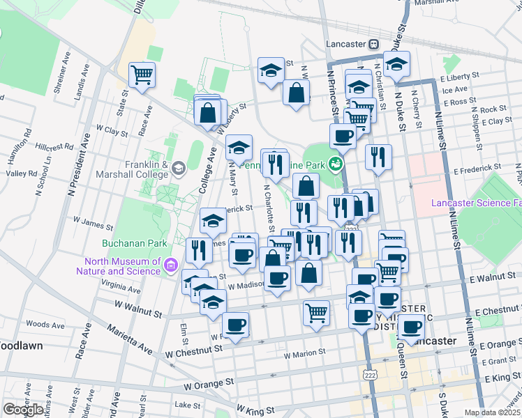 map of restaurants, bars, coffee shops, grocery stores, and more near 614 North Charlotte Street in Lancaster