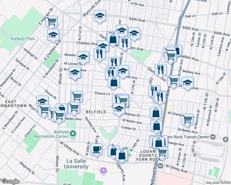 map of restaurants, bars, coffee shops, grocery stores, and more near 1839 Church Lane in Philadelphia