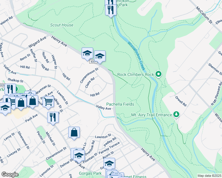 map of restaurants, bars, coffee shops, grocery stores, and more near 6906 Henry Avenue in Philadelphia