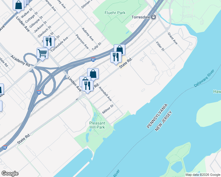 map of restaurants, bars, coffee shops, grocery stores, and more near 56103 Delaire Landing Road in Philadelphia