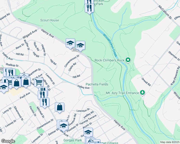 map of restaurants, bars, coffee shops, grocery stores, and more near 6906 Henry Avenue in Philadelphia