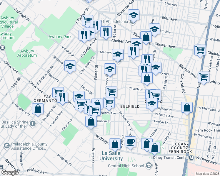 map of restaurants, bars, coffee shops, grocery stores, and more near 6052 North 21st Street in Philadelphia