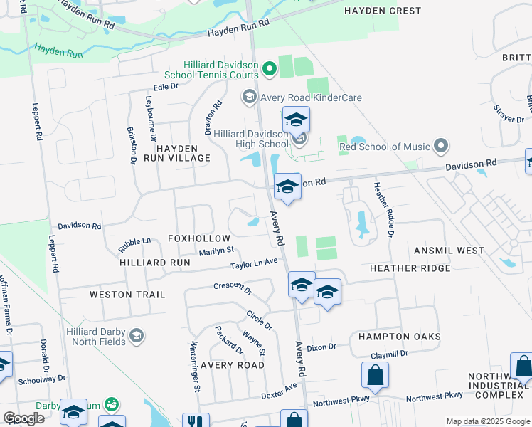 map of restaurants, bars, coffee shops, grocery stores, and more near 4624 Adams Lane in Hilliard
