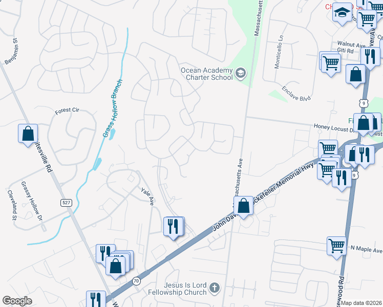 map of restaurants, bars, coffee shops, grocery stores, and more near 2398 Braddock Road in Toms River
