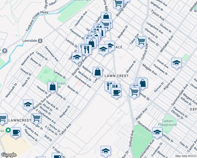 map of restaurants, bars, coffee shops, grocery stores, and more near 6255 Lawndale Ave in Philadelphia