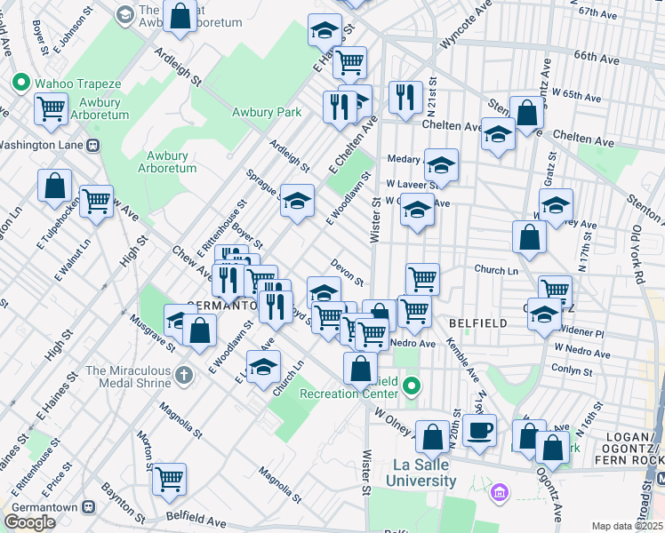 map of restaurants, bars, coffee shops, grocery stores, and more near 5558 Devon Street in Philadelphia