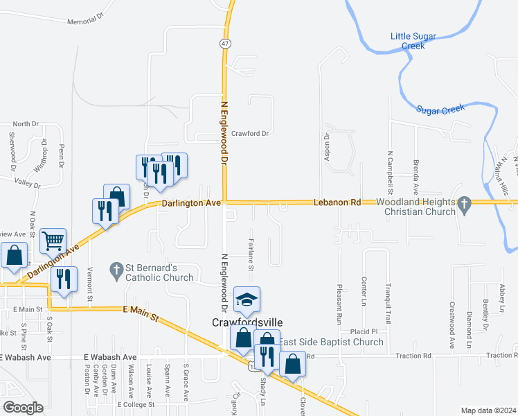 map of restaurants, bars, coffee shops, grocery stores, and more near 8 Eastgate Drive in Crawfordsville