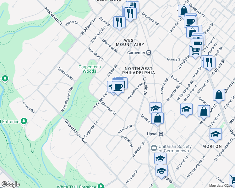 map of restaurants, bars, coffee shops, grocery stores, and more near 559 Carpenter Lane in Philadelphia