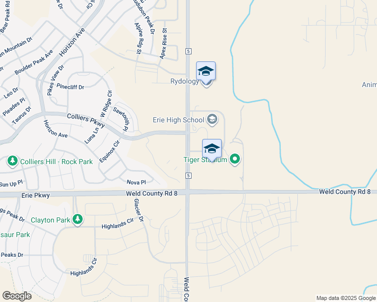 map of restaurants, bars, coffee shops, grocery stores, and more near 2836 County Road 5 in Erie
