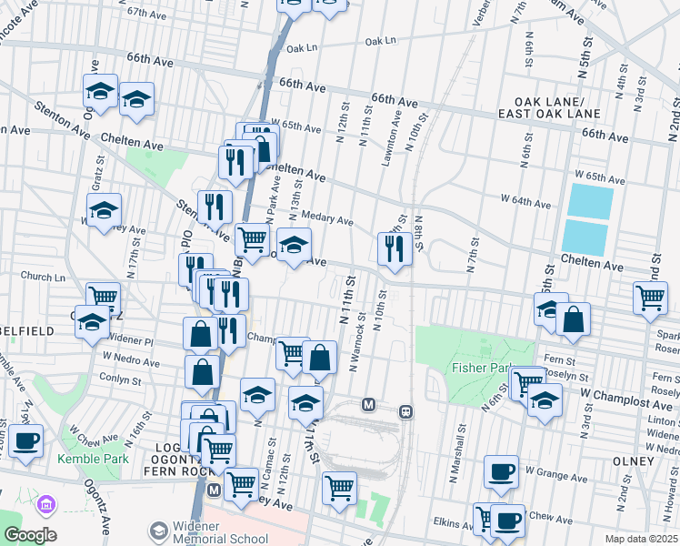 map of restaurants, bars, coffee shops, grocery stores, and more near 6200 North 11th Street in Philadelphia