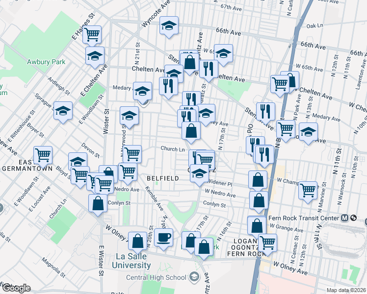 map of restaurants, bars, coffee shops, grocery stores, and more near 6026 Ogontz Avenue in Philadelphia