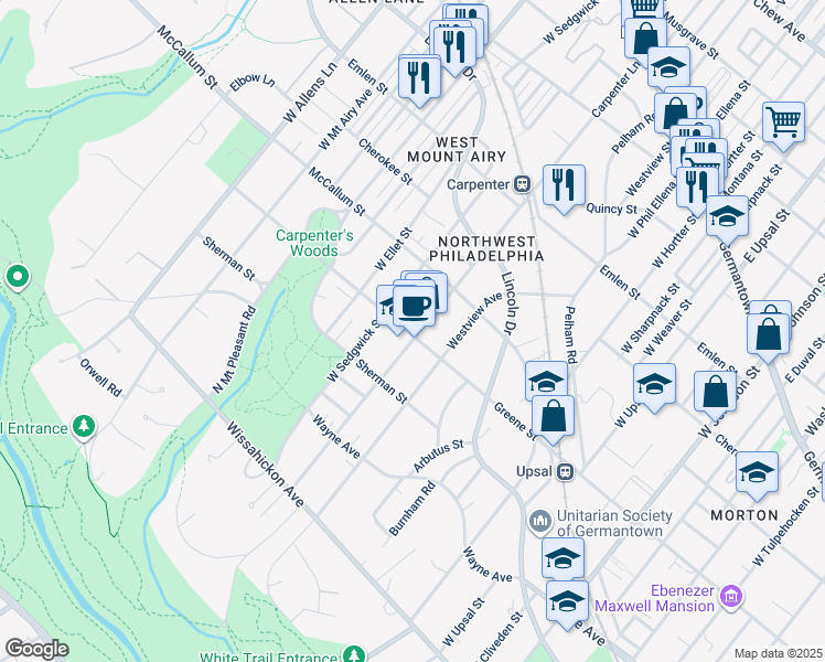 map of restaurants, bars, coffee shops, grocery stores, and more near 559 Carpenter Lane in Philadelphia