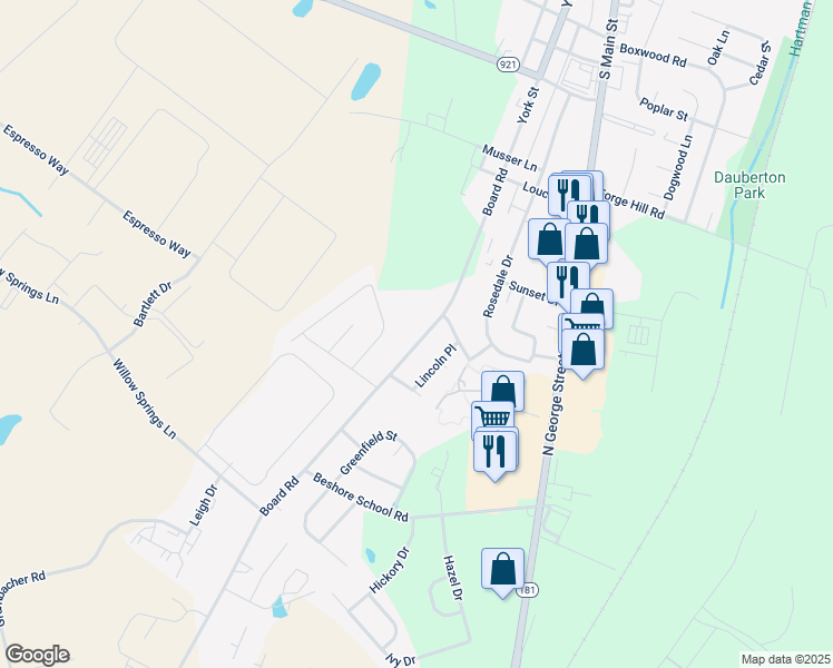 map of restaurants, bars, coffee shops, grocery stores, and more near 4190 Board Road in Manchester