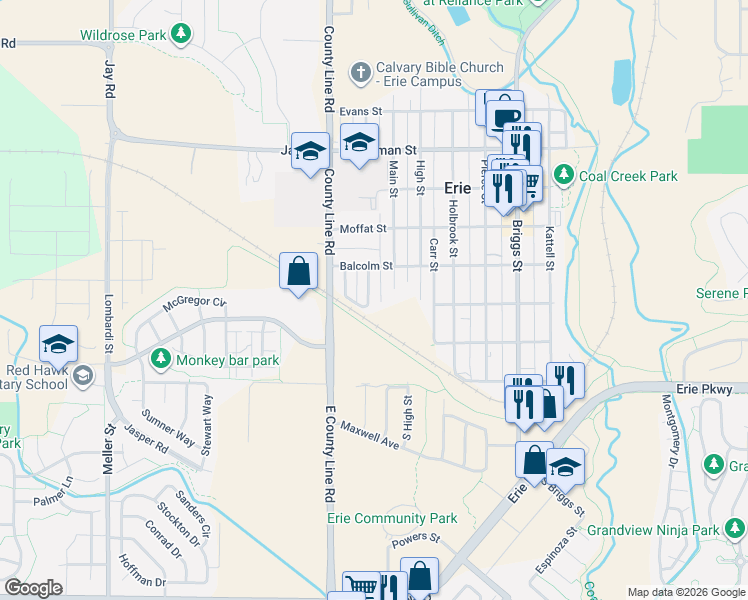map of restaurants, bars, coffee shops, grocery stores, and more near 135 Lawley Drive in Erie