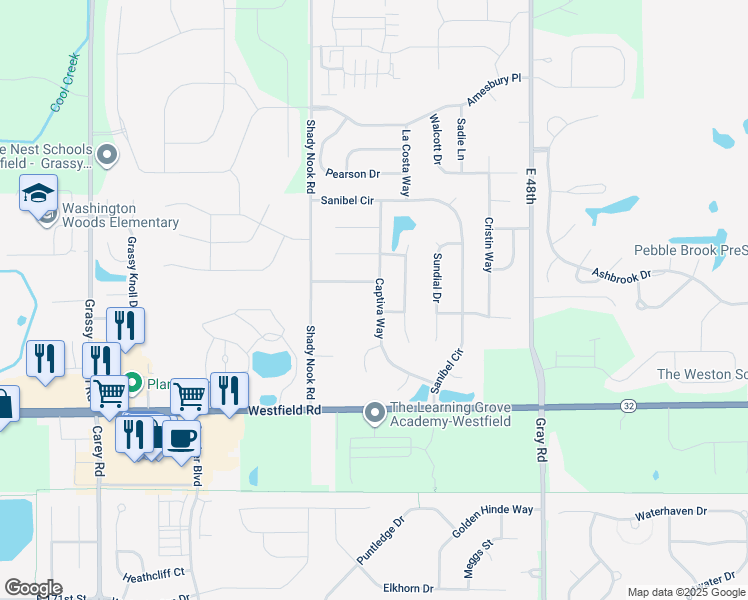 map of restaurants, bars, coffee shops, grocery stores, and more near 17835 Captiva Way in Noblesville