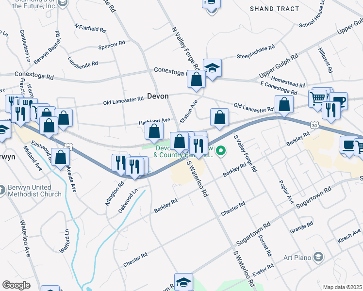 map of restaurants, bars, coffee shops, grocery stores, and more near 38 North Waterloo Road in Devon