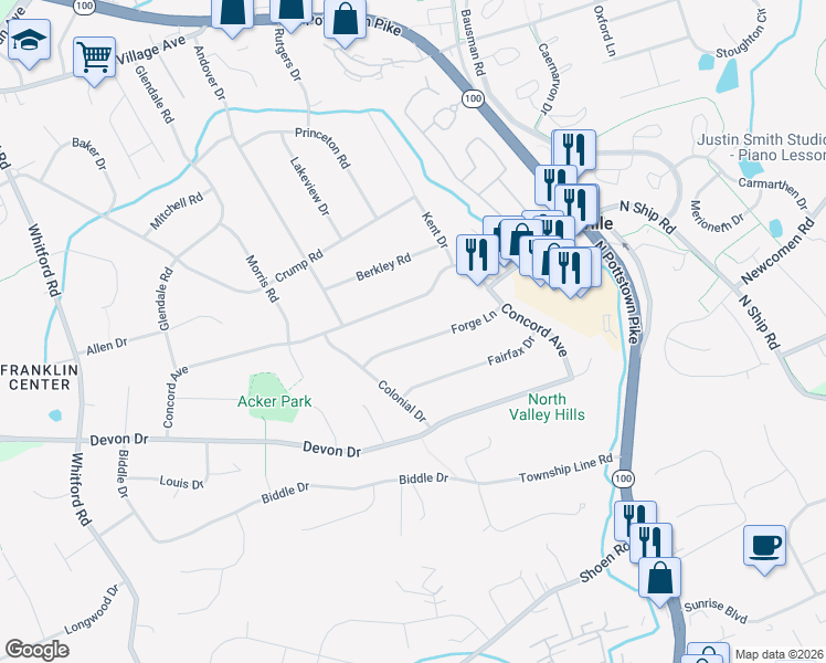map of restaurants, bars, coffee shops, grocery stores, and more near 415 Forge Lane in Exton