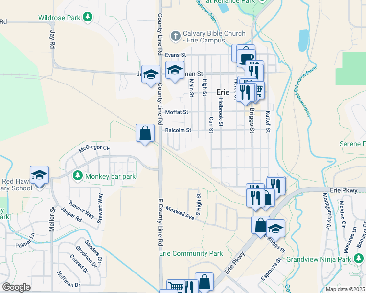 map of restaurants, bars, coffee shops, grocery stores, and more near 135 Lawley Drive in Erie