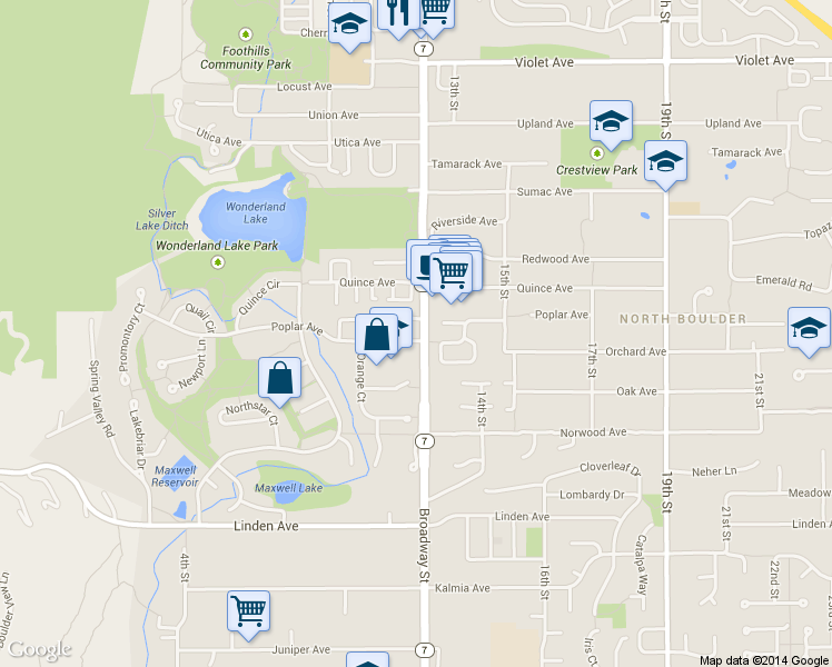 map of restaurants, bars, coffee shops, grocery stores, and more near 3970 Springleaf Lane in Boulder