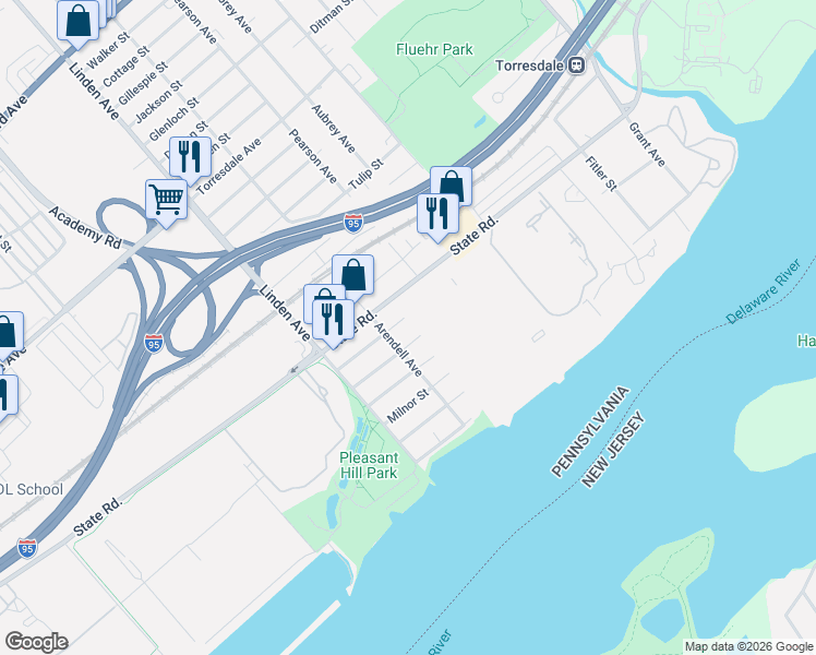 map of restaurants, bars, coffee shops, grocery stores, and more near 50203 Delaire Landing Road in Philadelphia