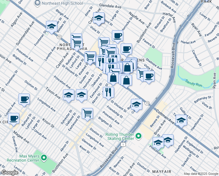 map of restaurants, bars, coffee shops, grocery stores, and more near in Philadelphia
