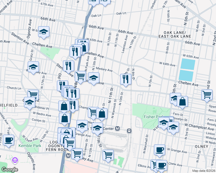 map of restaurants, bars, coffee shops, grocery stores, and more near 6200 North 11th Street in Philadelphia