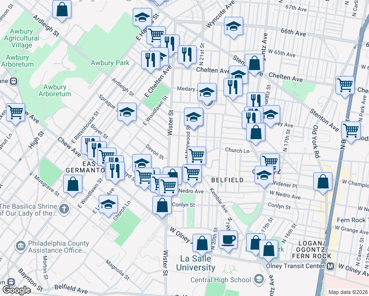 map of restaurants, bars, coffee shops, grocery stores, and more near 6070 North Beechwood Street in Philadelphia