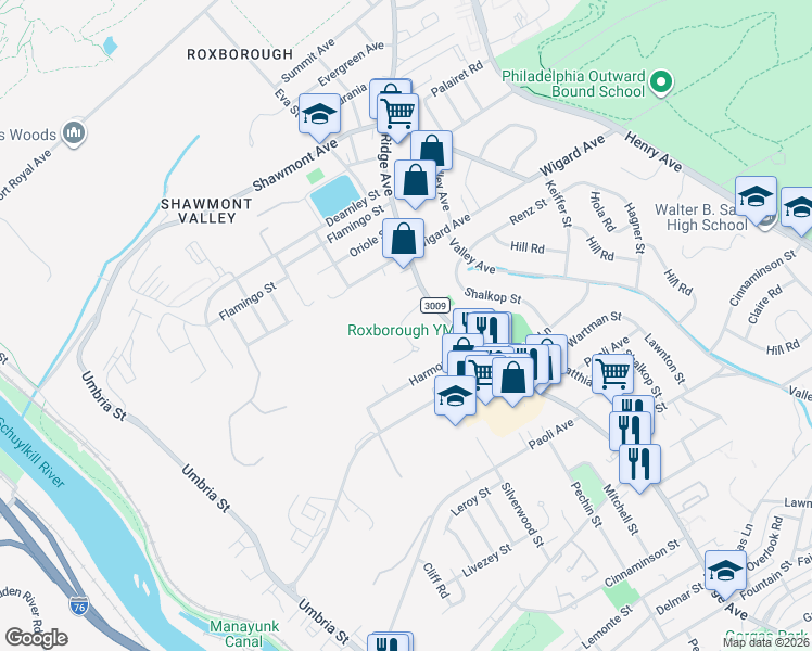 map of restaurants, bars, coffee shops, grocery stores, and more near 7360 Ridge Avenue in Philadelphia