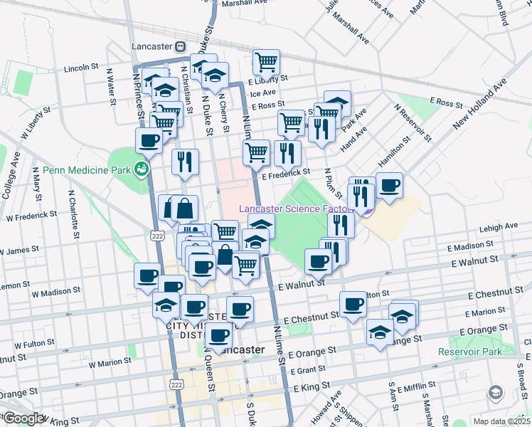 map of restaurants, bars, coffee shops, grocery stores, and more near 231 Park Avenue in Lancaster
