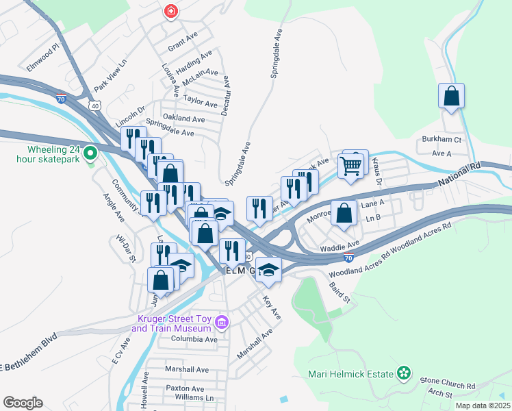 map of restaurants, bars, coffee shops, grocery stores, and more near 31-2339 Overbrook Ave in Wheeling