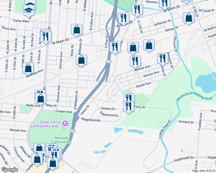 map of restaurants, bars, coffee shops, grocery stores, and more near 15 Grant Street in Newark