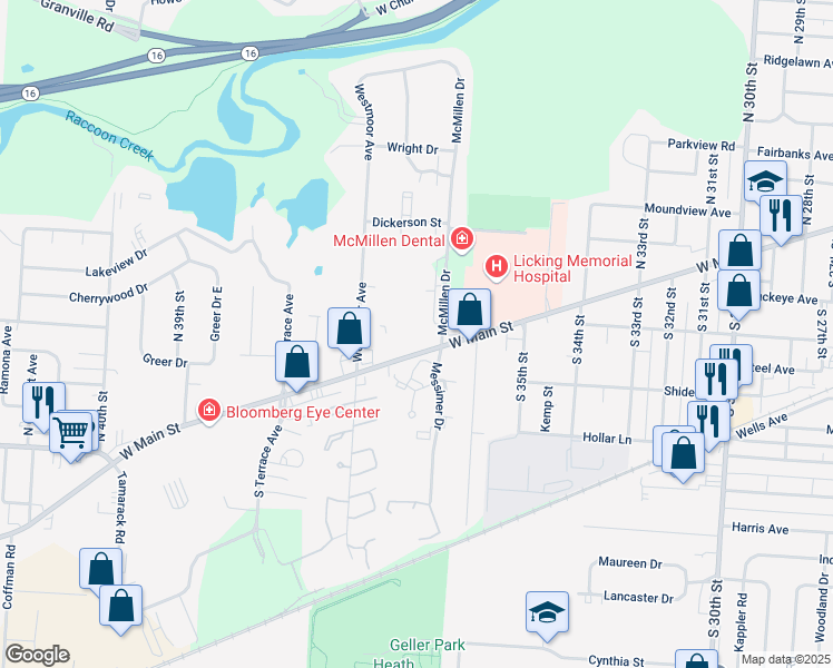 map of restaurants, bars, coffee shops, grocery stores, and more near 36 McMillen Drive in Newark