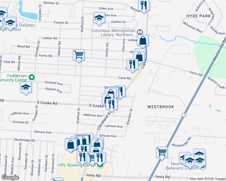 map of restaurants, bars, coffee shops, grocery stores, and more near 2120 Ormond Avenue in Columbus