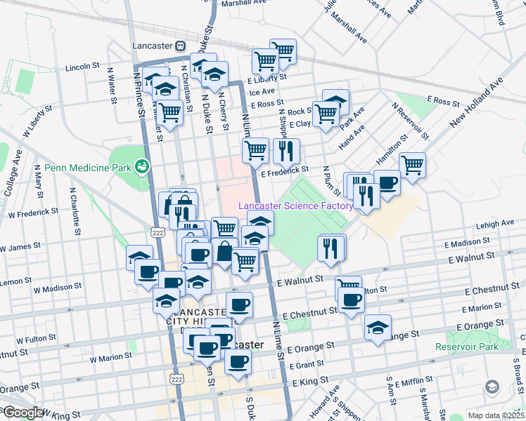 map of restaurants, bars, coffee shops, grocery stores, and more near 231 Park Avenue in Lancaster