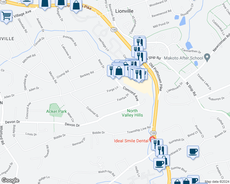 map of restaurants, bars, coffee shops, grocery stores, and more near 426 Forge Lane in Exton