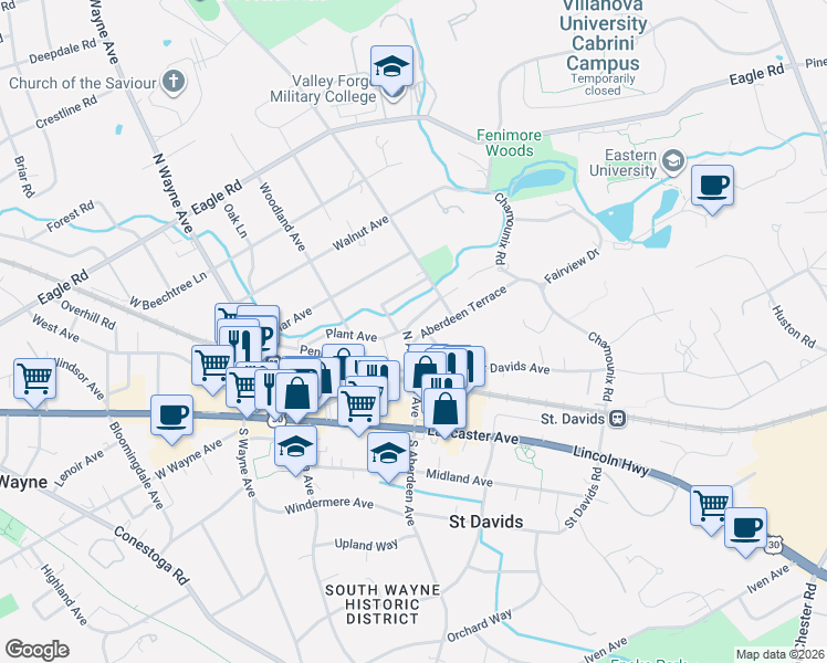 map of restaurants, bars, coffee shops, grocery stores, and more near 255 North Aberdeen Avenue in Wayne