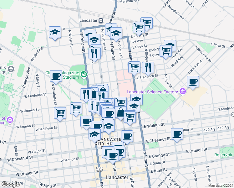map of restaurants, bars, coffee shops, grocery stores, and more near 516 North Duke Street in Lancaster