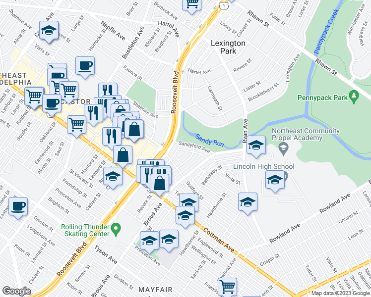 map of restaurants, bars, coffee shops, grocery stores, and more near 2820 Sandyford Avenue in Philadelphia