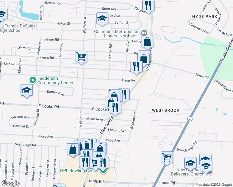 map of restaurants, bars, coffee shops, grocery stores, and more near 2120 Ormond Avenue in Columbus