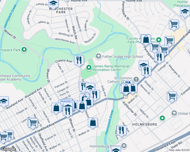 map of restaurants, bars, coffee shops, grocery stores, and more near 8255 Crispin Street in Philadelphia
