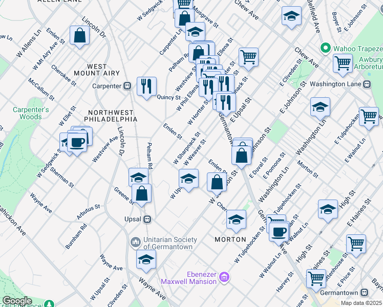 map of restaurants, bars, coffee shops, grocery stores, and more near 131 West Weaver Street in Philadelphia
