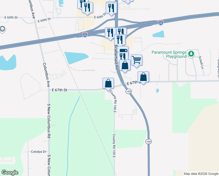 map of restaurants, bars, coffee shops, grocery stores, and more near 2115 East 67th Street in Anderson