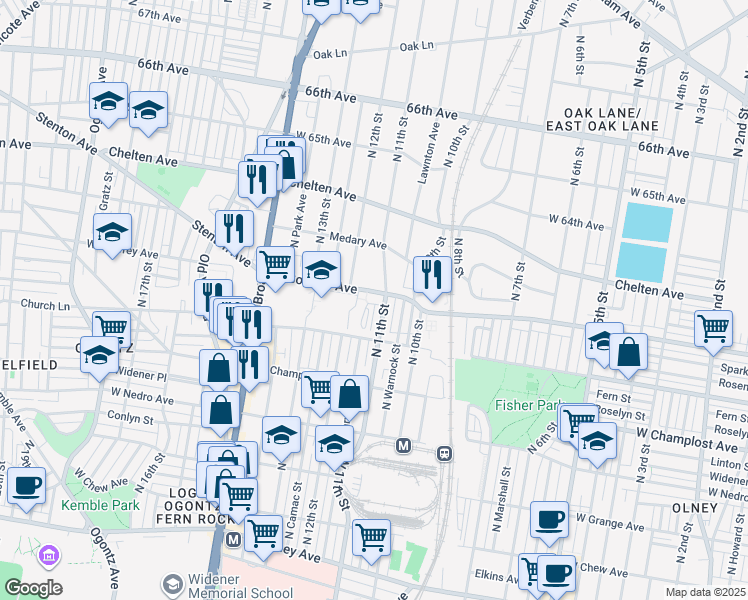 map of restaurants, bars, coffee shops, grocery stores, and more near 6200 North 11th Street in Philadelphia