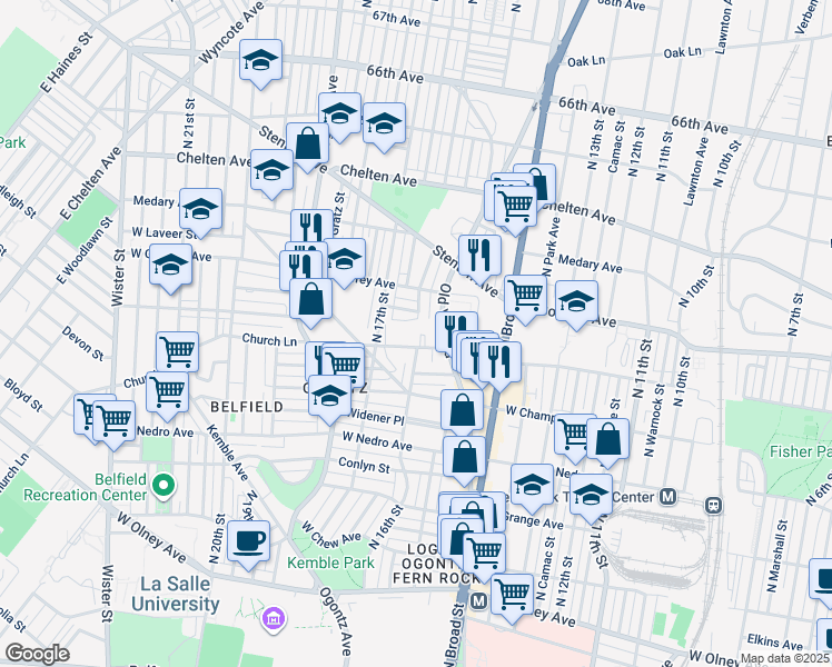 map of restaurants, bars, coffee shops, grocery stores, and more near 1603 Church Lane in Philadelphia