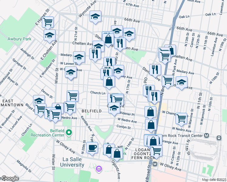 map of restaurants, bars, coffee shops, grocery stores, and more near 1751 Church Lane in Philadelphia