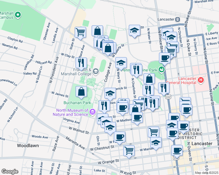 map of restaurants, bars, coffee shops, grocery stores, and more near 606 N Pine St in Lancaster