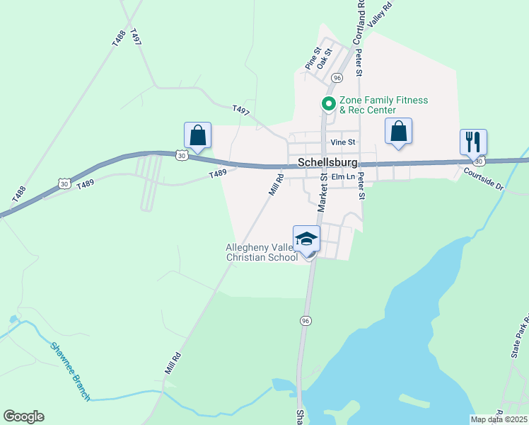 map of restaurants, bars, coffee shops, grocery stores, and more near 1074 Mill Road in Schellsburg