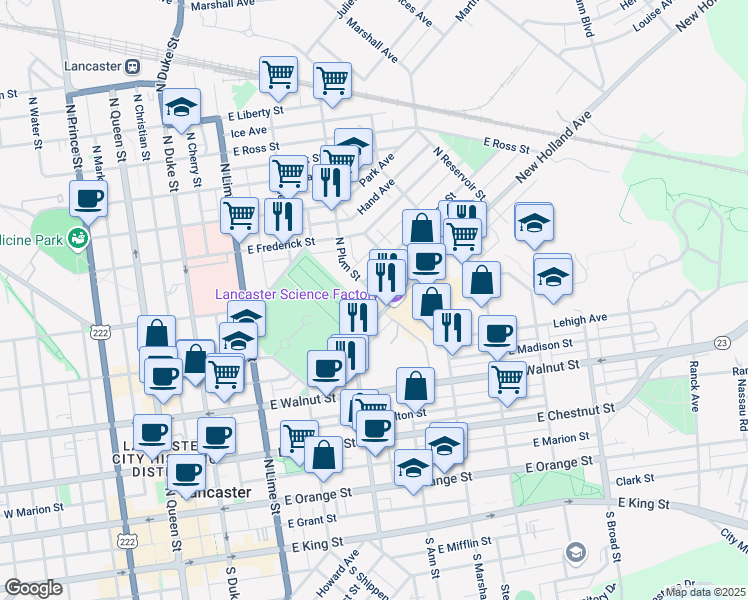 map of restaurants, bars, coffee shops, grocery stores, and more near 510 North Plum Street in Lancaster